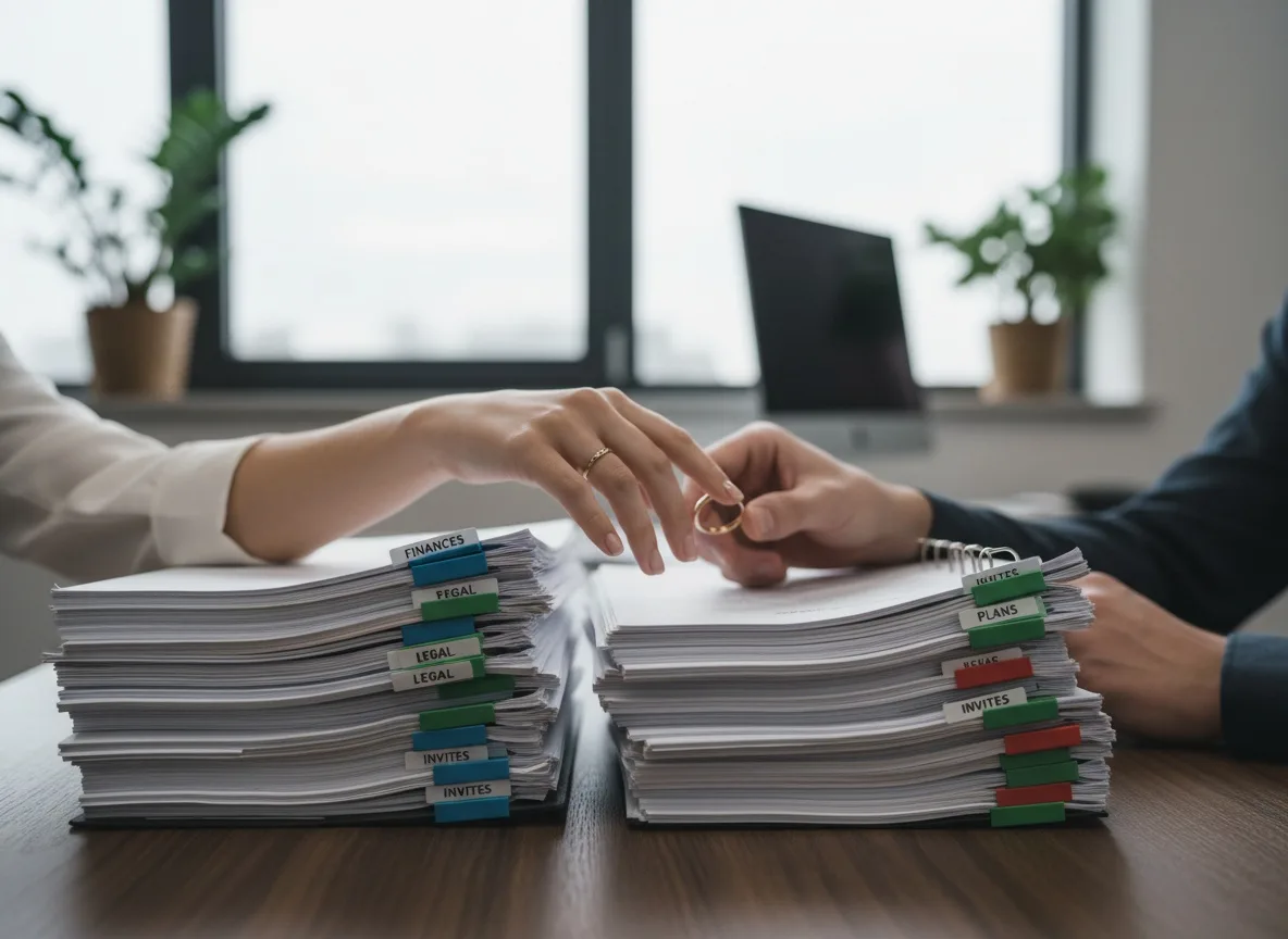 Couple's hands placing wedding ring on table beside stacked paperwork in office setting