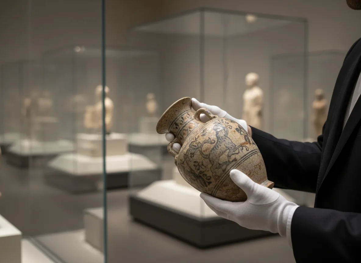 Museum curator wearing white gloves examining an antique vase under gallery lighting
