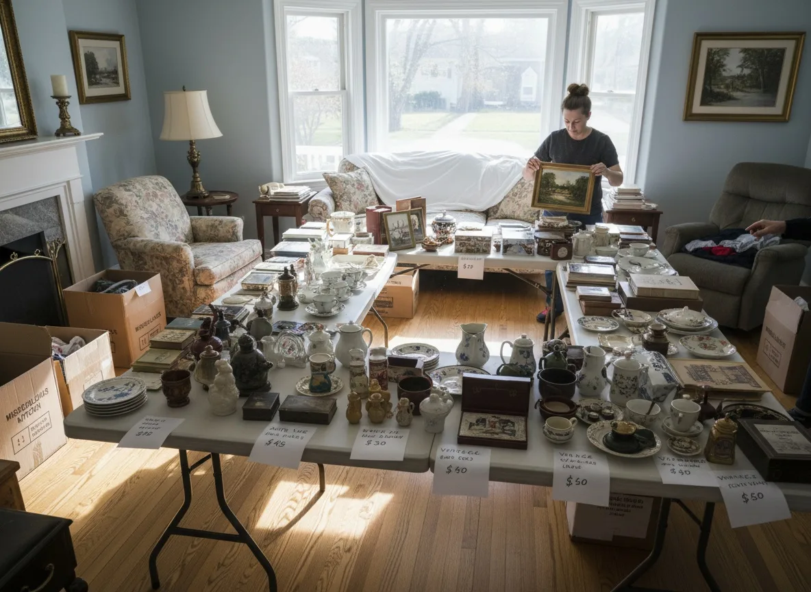 Sunlit living room with furniture and labeled boxes arranged for estate sale