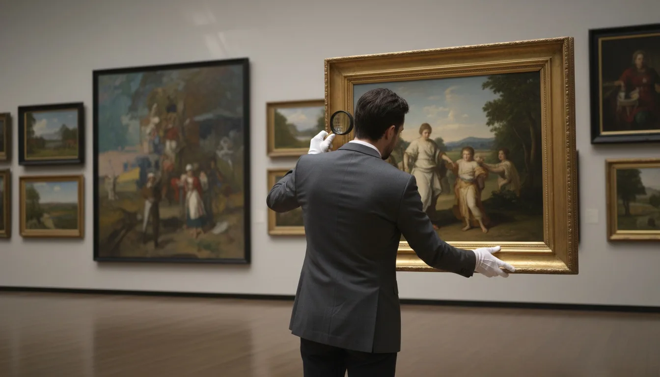 Appraiser examining framed painting in gallery with artwork displayed on neutral-lit wall behind