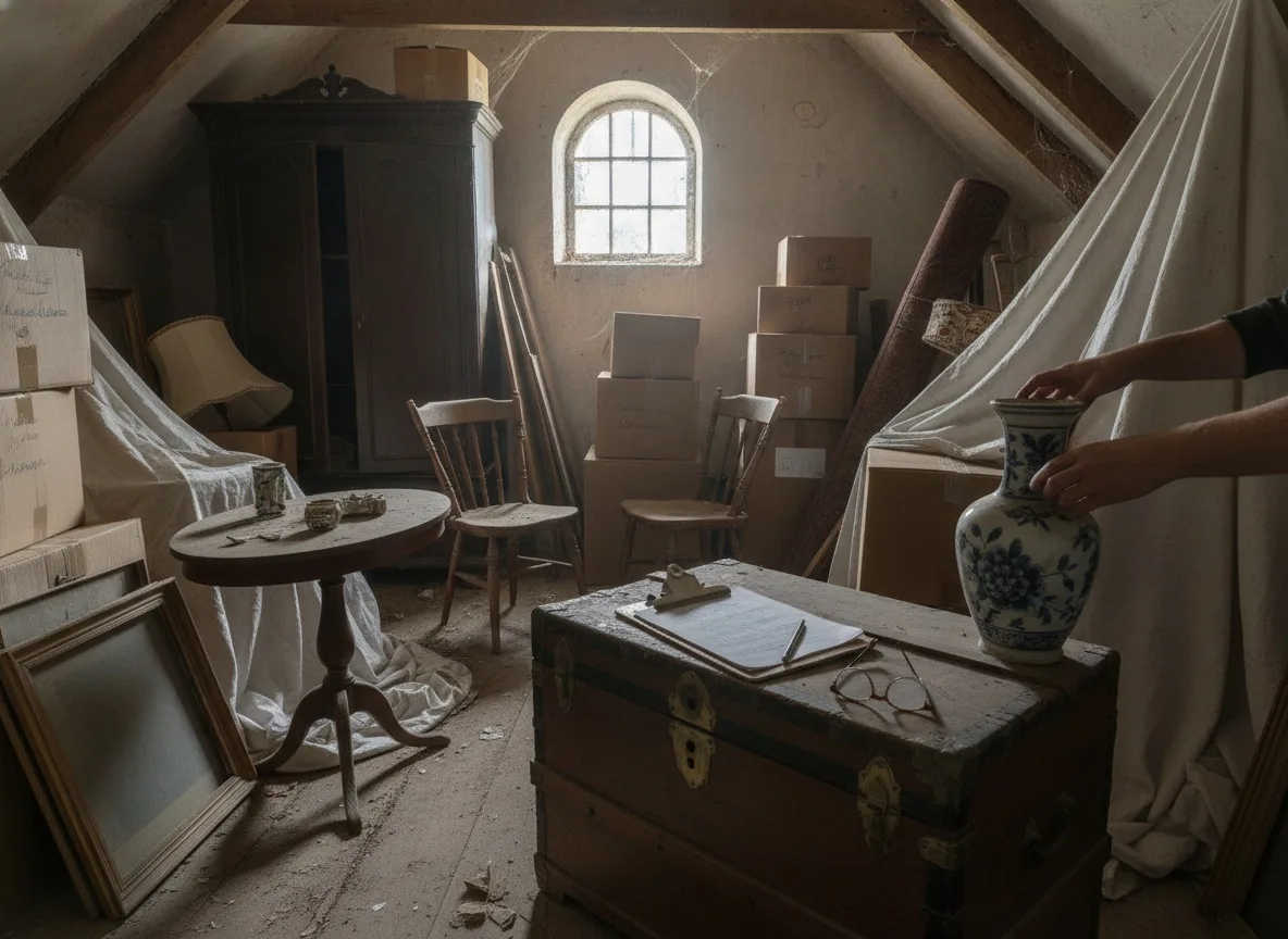 Attic interior with antique furniture, stacked boxes, and appraiser's clipboard on wooden chest