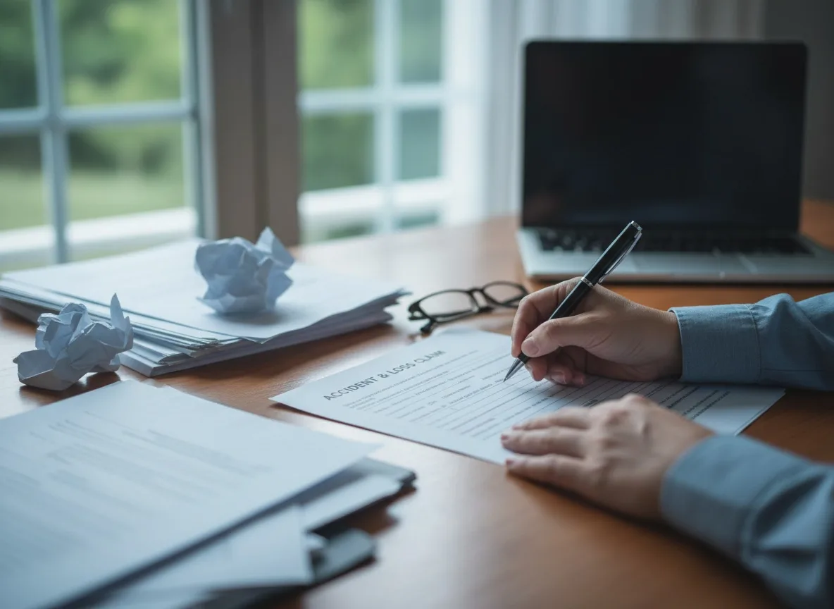Person completing insurance claim form at desk with pen and documents in natural daylight