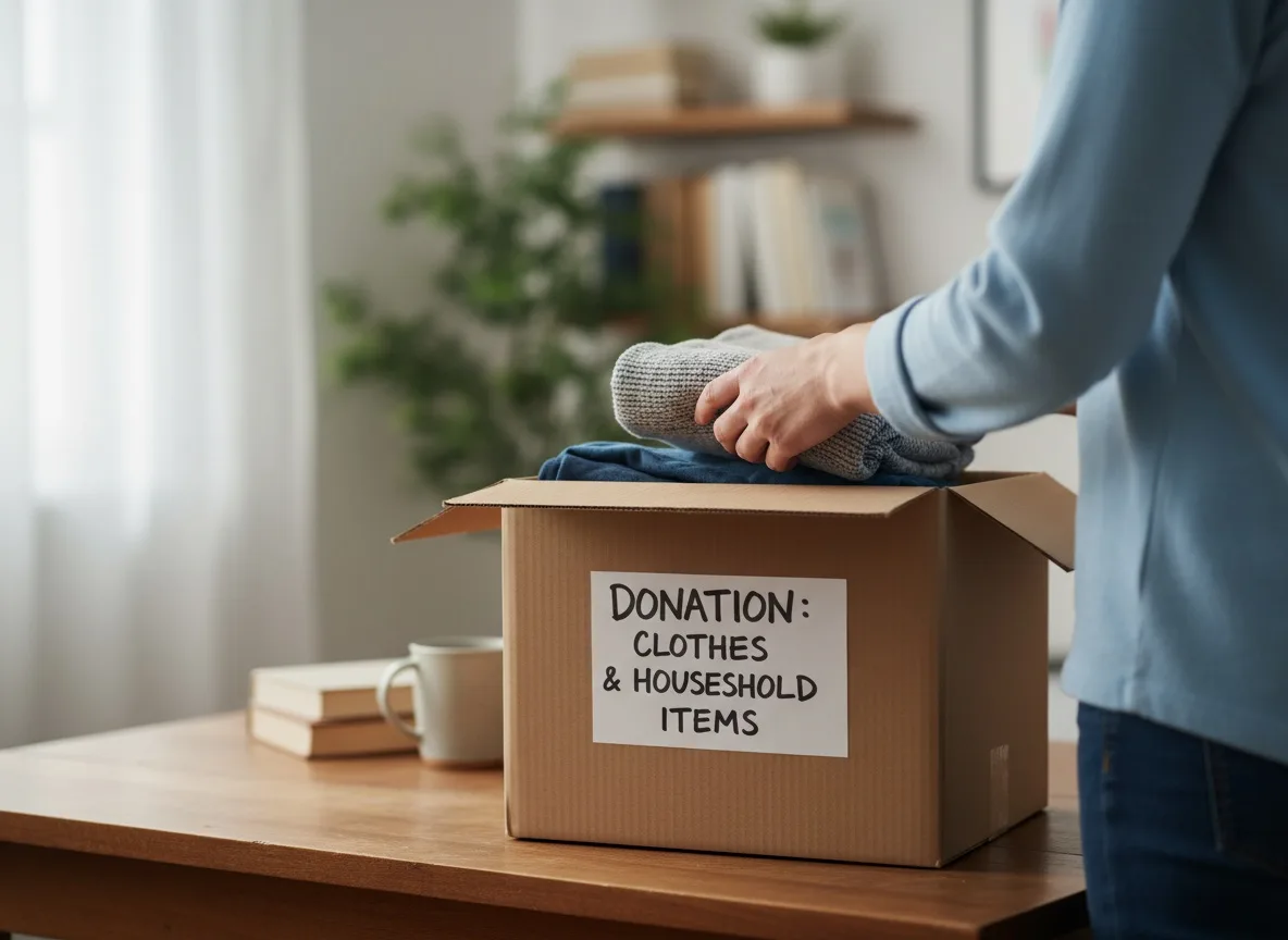 Hands packing labeled donation box with clothes and household items on table in natural light