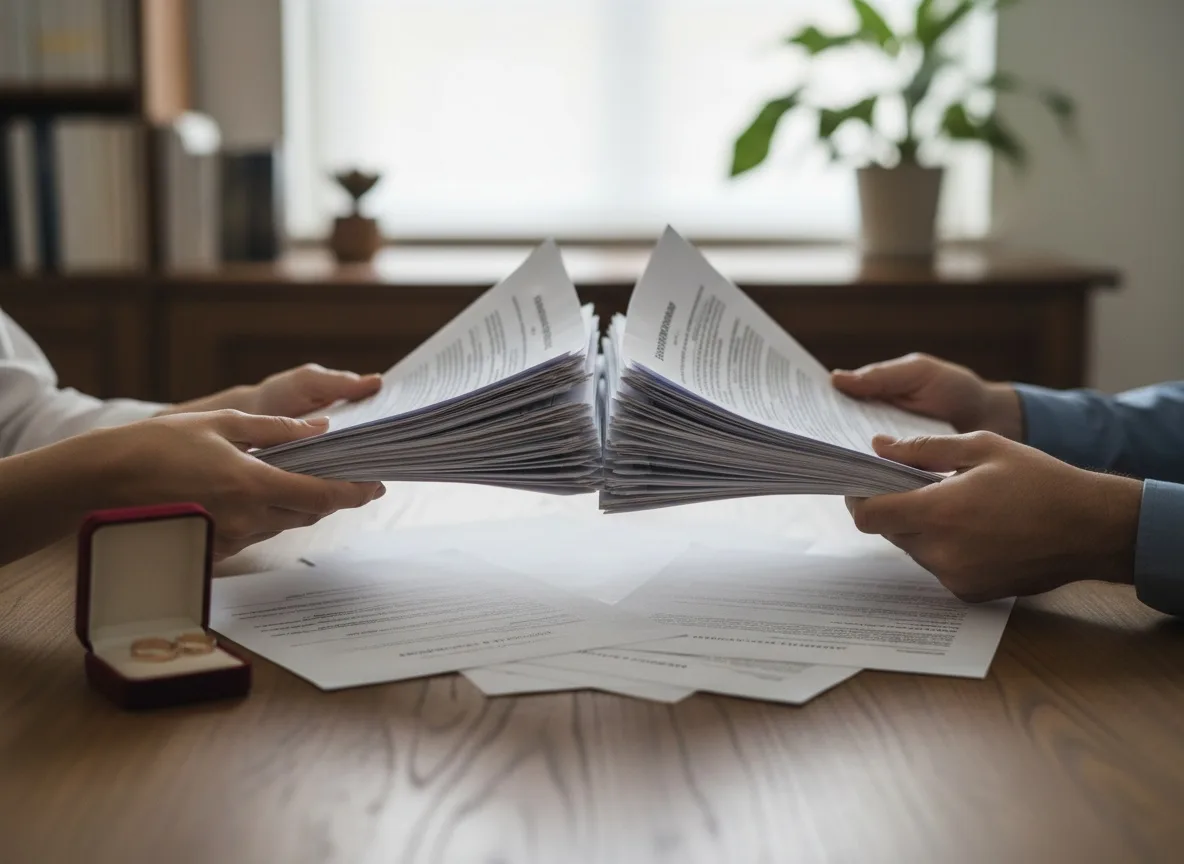 Couple's hands dividing documents on table with removed wedding rings beside them