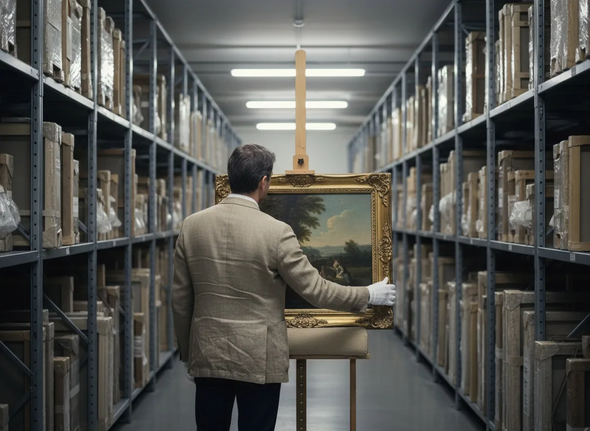 Museum curator in white gloves examining a framed painting in storage