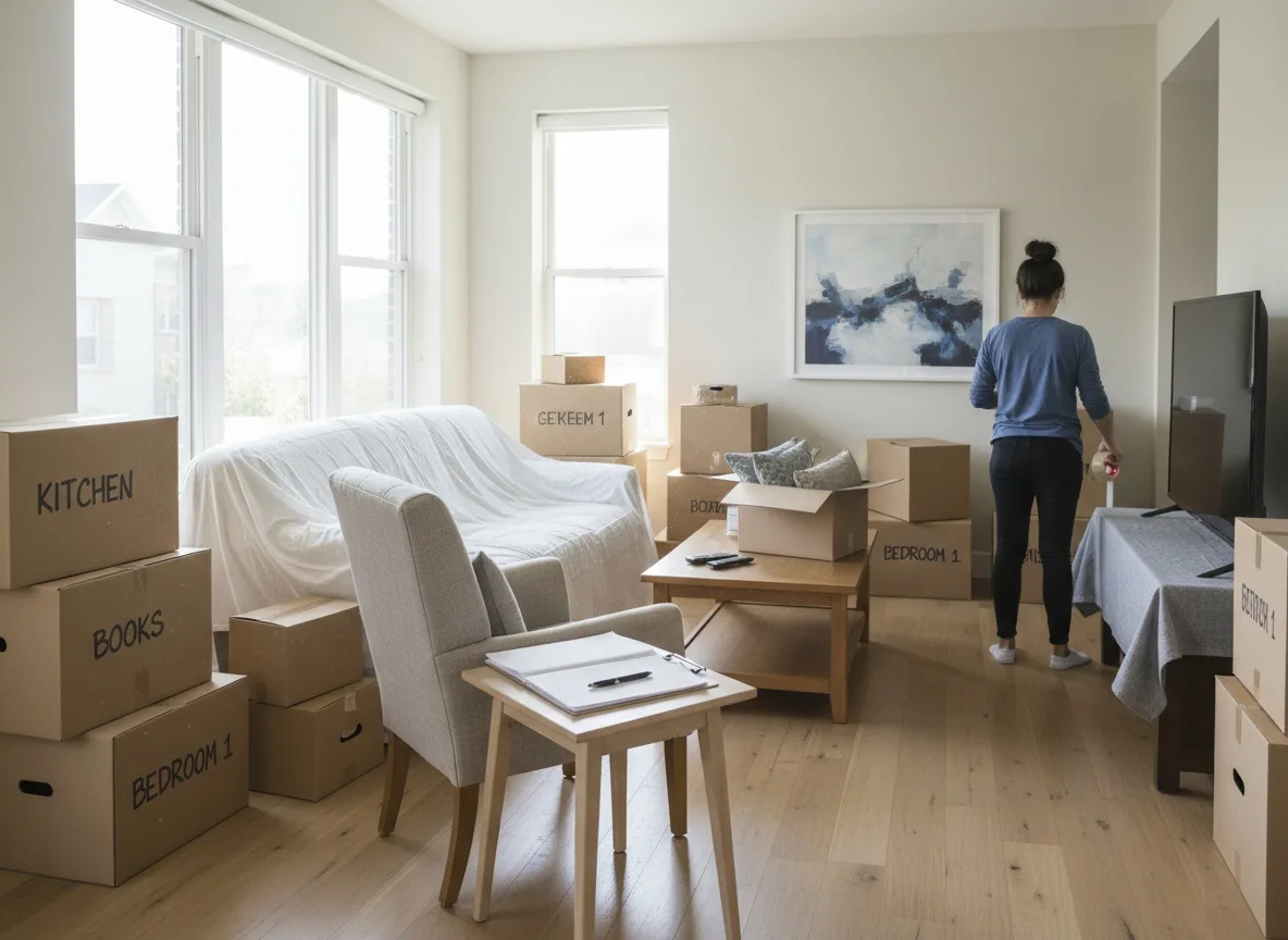 Sunlit living room with furniture, packed boxes, and clipboard on side table
