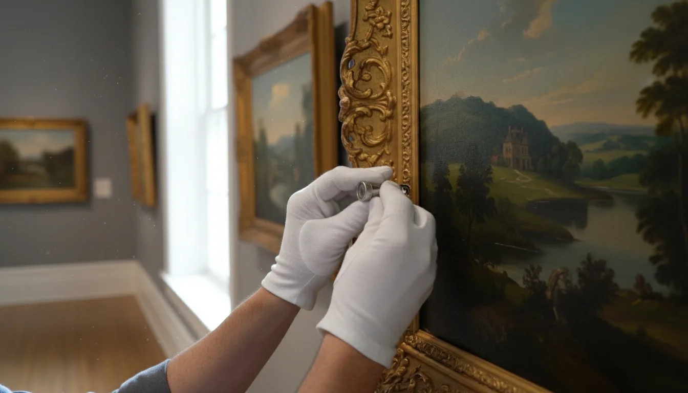 Appraiser wearing gloves examining ornate framed painting with loupe in gallery setting
