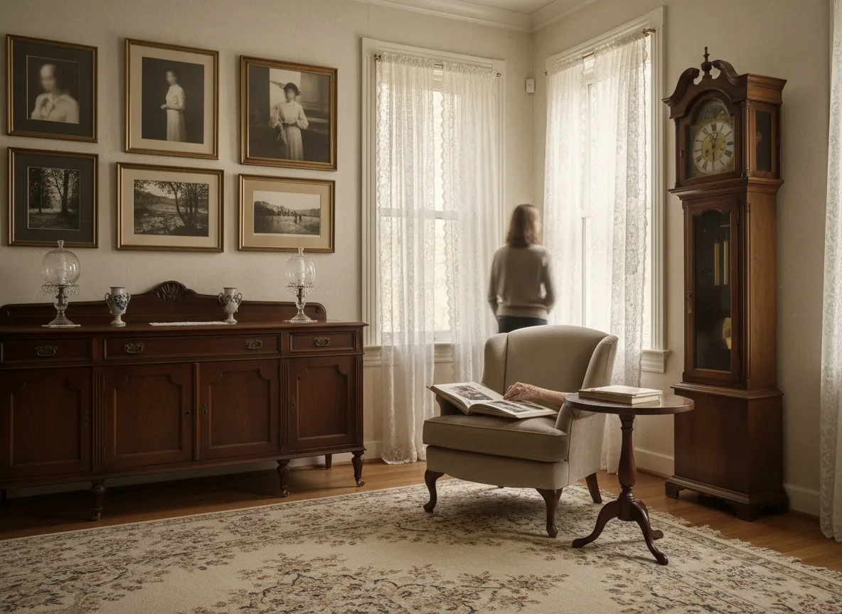 Antique furniture and framed photographs in sunlit room with lace curtains