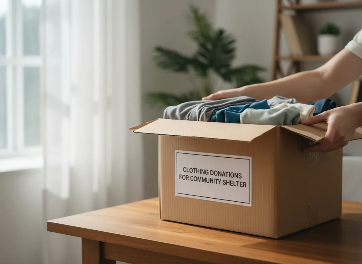 Hands placing labeled cardboard donation box on table with folded clothes inside