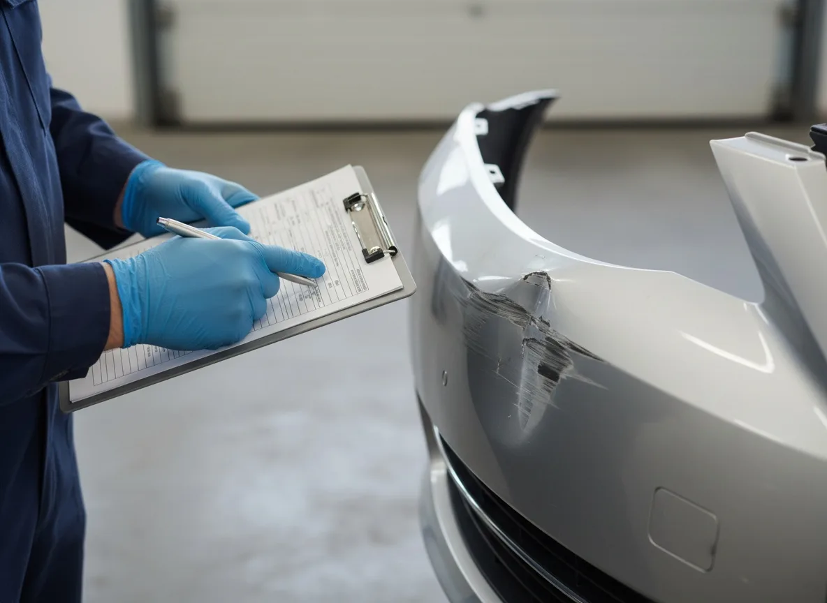 Person inspecting a dented car bumper with clipboard during damage assessment