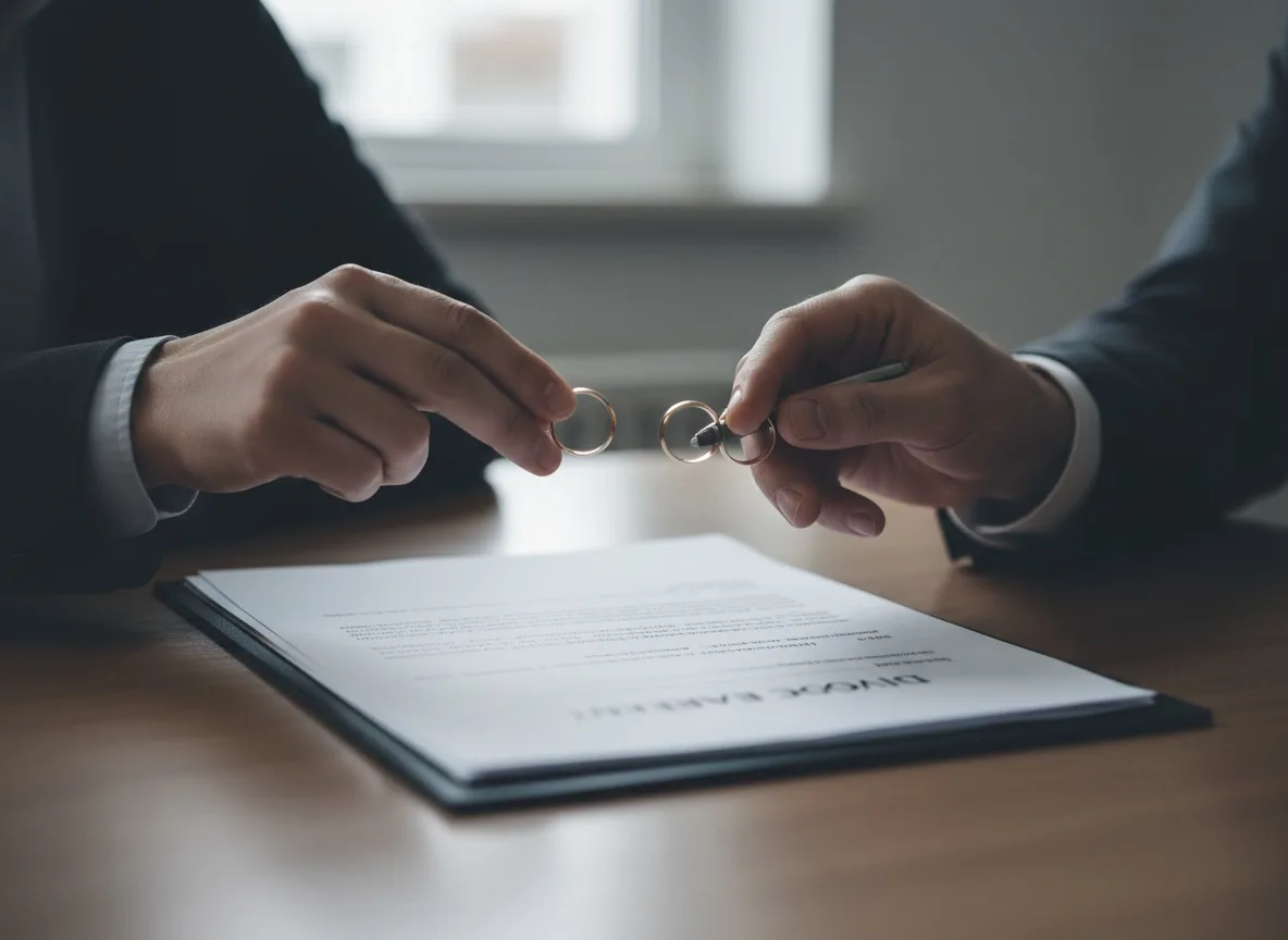 Couple exchanging wedding rings while signing divorce documents