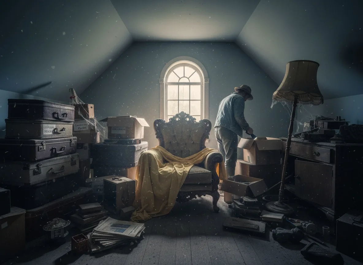 Cluttered attic with stacked boxes and old furniture, dusty light from small window