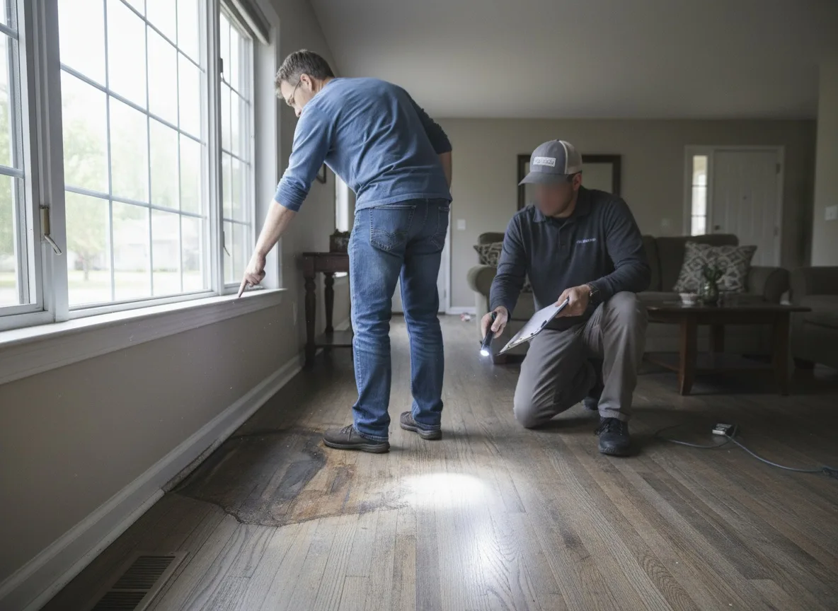 Homeowner and insurance adjuster inspecting water-damaged flooring with clipboard and flashlight