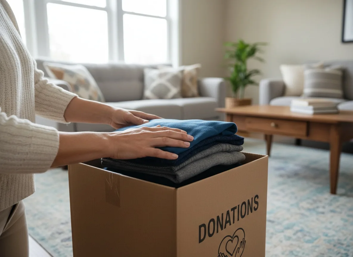 Hands placing folded clothes into a labeled donation box in a living room