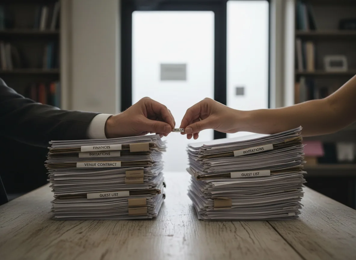 Couple's hands placing wedding ring on table between stacks of divorce paperwork