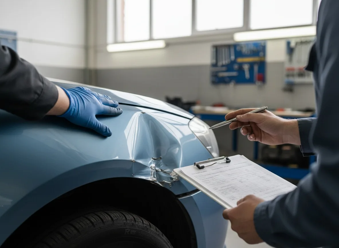Hands inspecting dented car fender in garage with clipboard and paperwork nearby