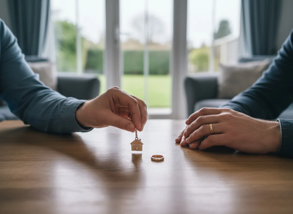 Couple's hands placing house key on table with wedding rings removed nearby