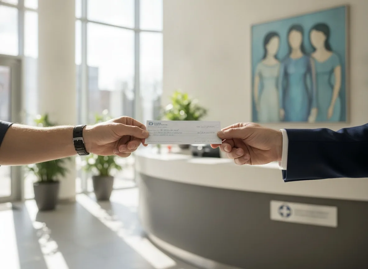 Donor handing folded check to hospital administrator in bright lobby