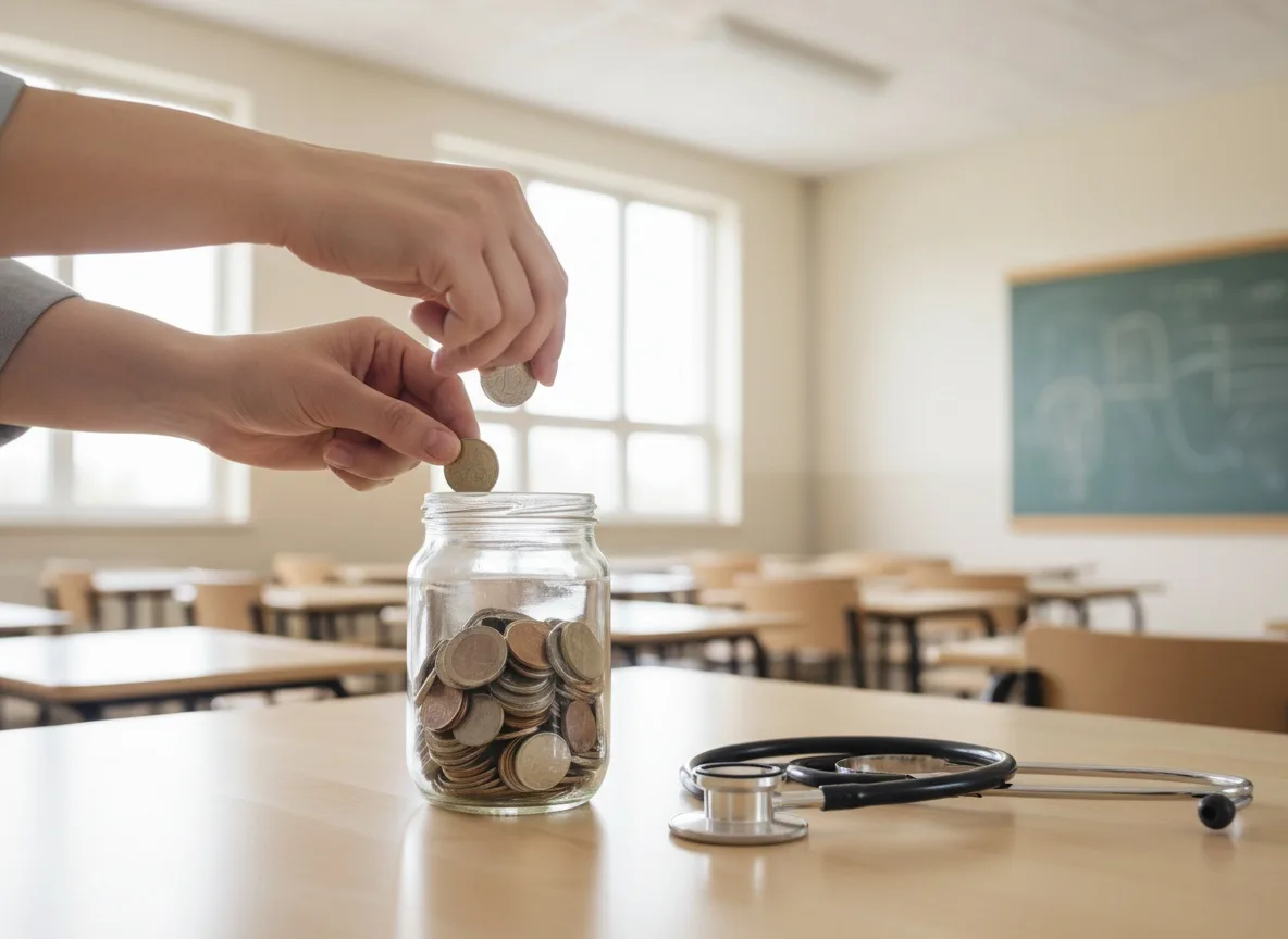 Hands placing coins into a jar next to a stethoscope on a table