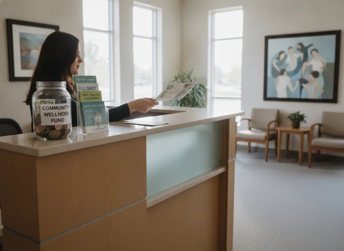 Community health clinic reception desk with donation jar and health pamphlets by window