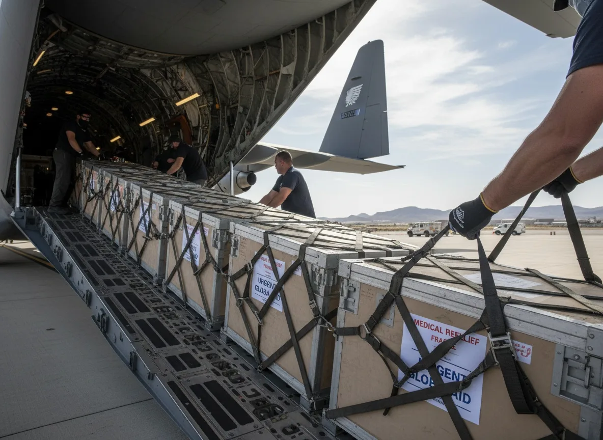 Medical supply crates being loaded into cargo plane with workers securing straps