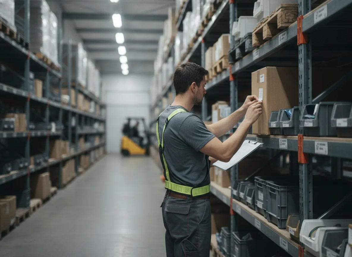 Warehouse worker tagging inventory on metal shelves with clipboard