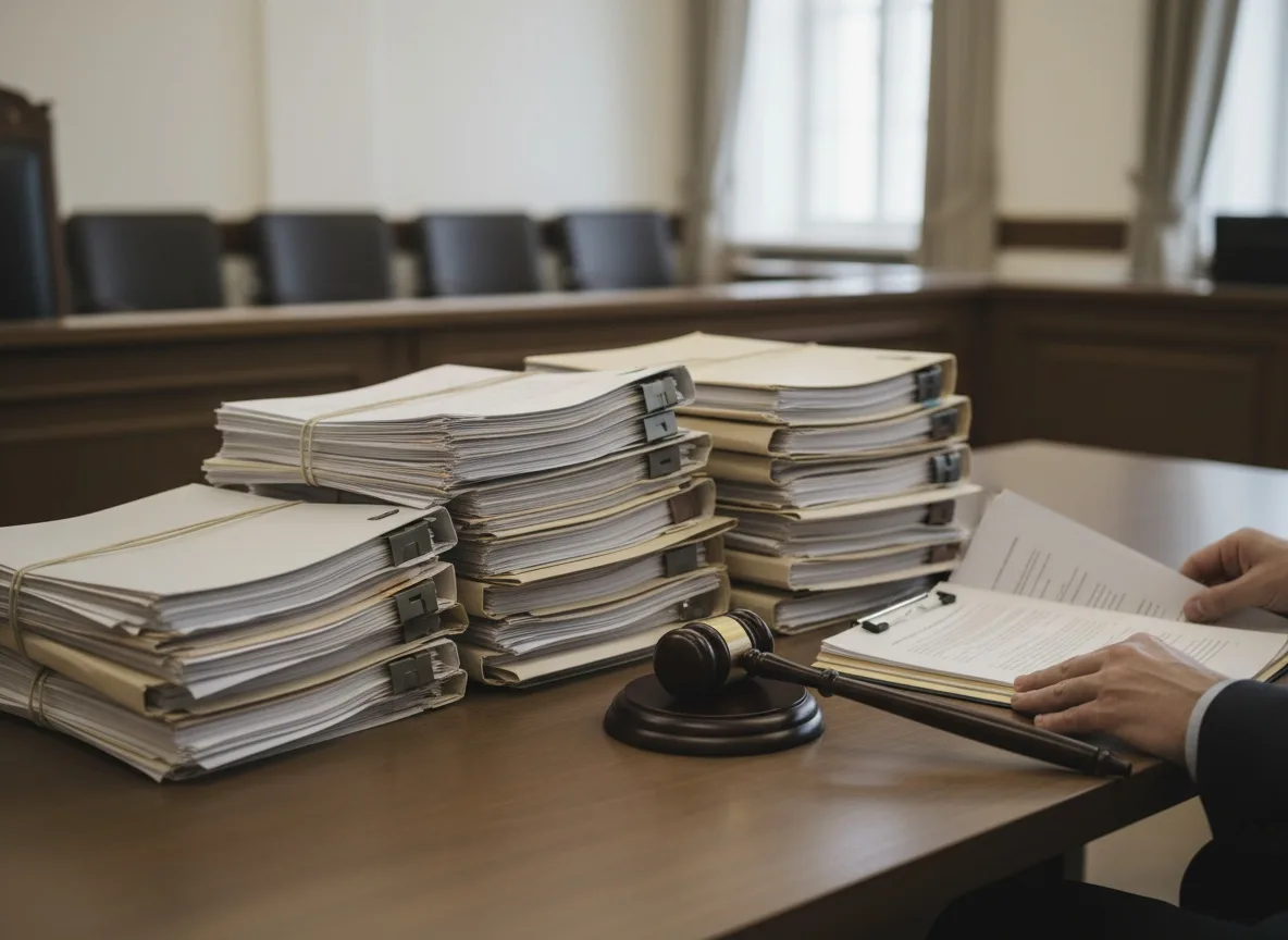 Gavel and stacked business documents on courtroom table under soft lighting