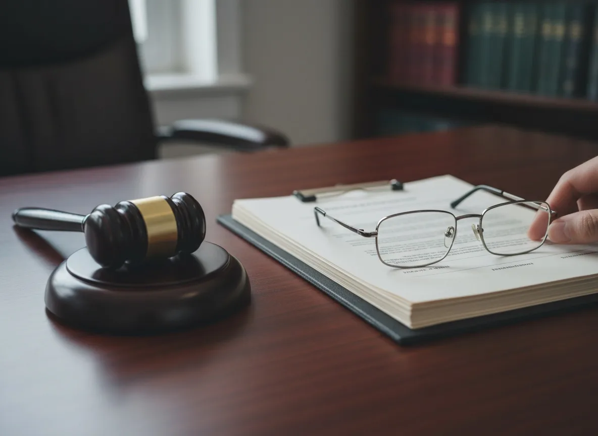 Gavel, stacked business documents, and glasses on wooden desk