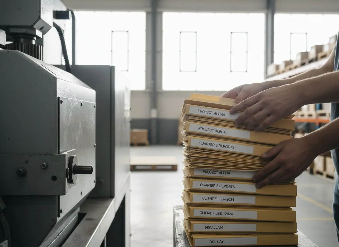 Hands organizing labeled file folders next to industrial warehouse equipment with natural window light