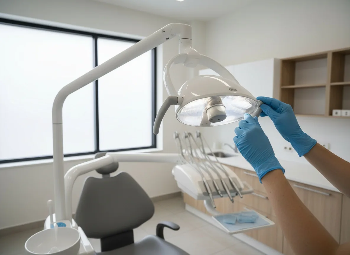 Dentist's gloved hands adjusting overhead exam light in treatment room