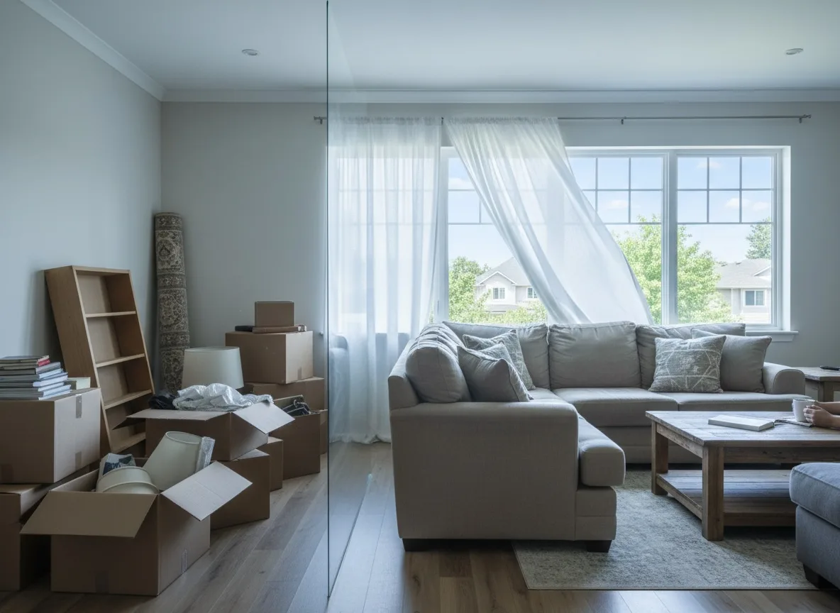 Moving boxes stacked beside furniture in a sunlit living room during relocation