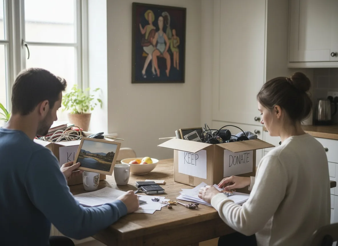 Couple sorting items and paperwork into labeled boxes at kitchen table by window