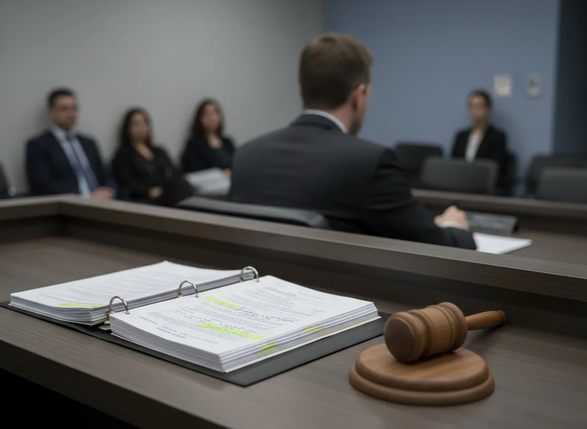 Witness stand with open binder and gavel under neutral lighting
