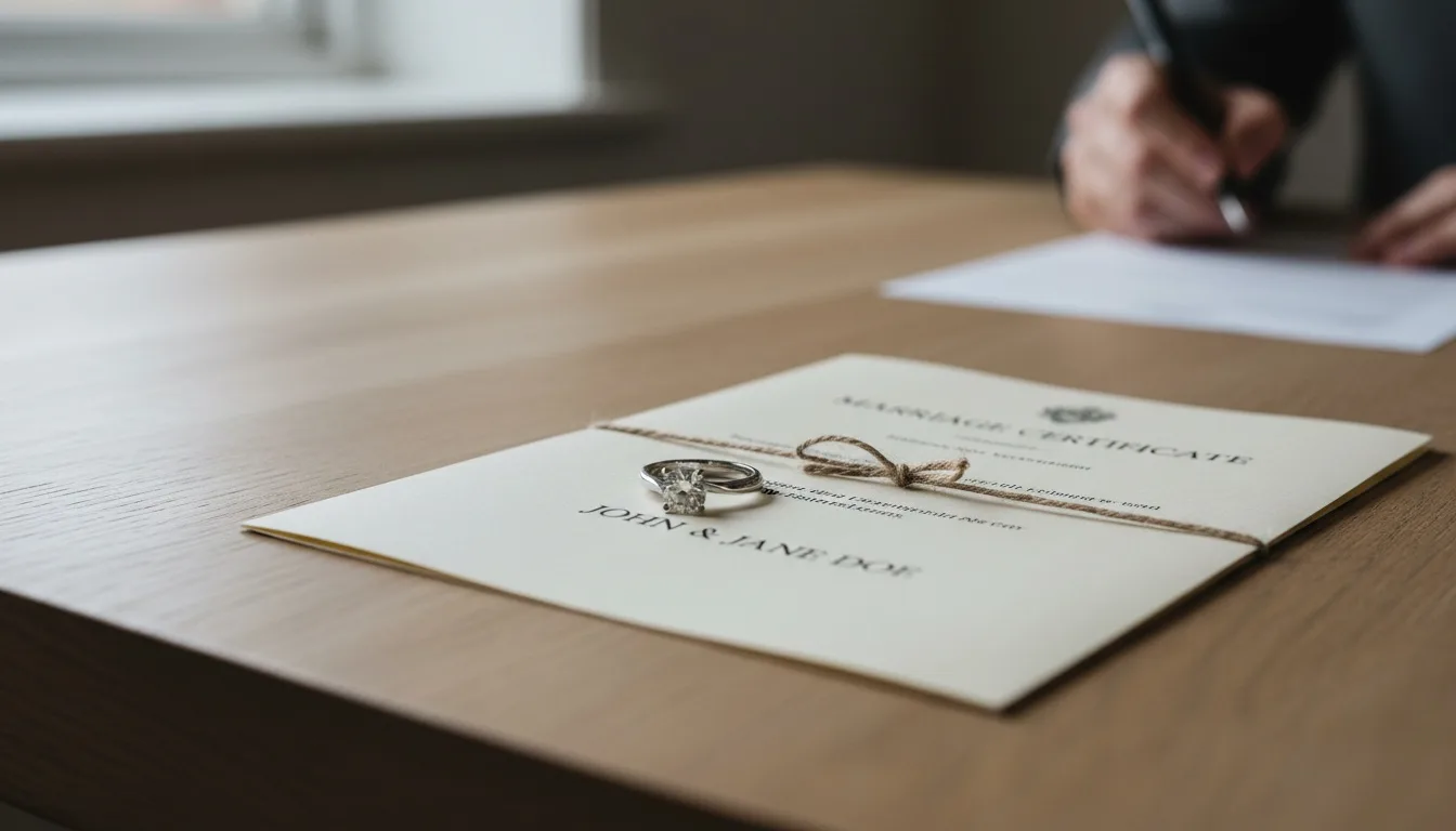 Gold wedding ring next to folded legal document on neutral surface