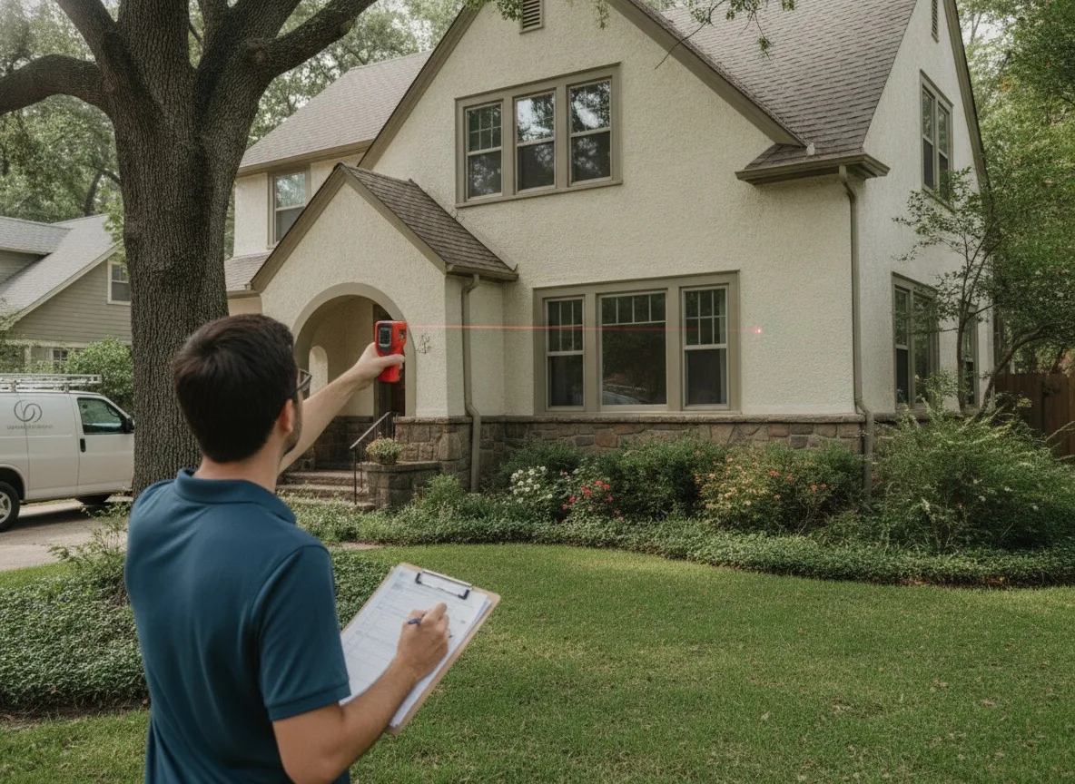 Bank appraiser measuring exterior house wall with laser distance tool and clipboard