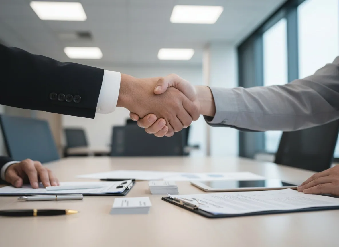 Two businesspeople shaking hands over a conference table with documents and pens