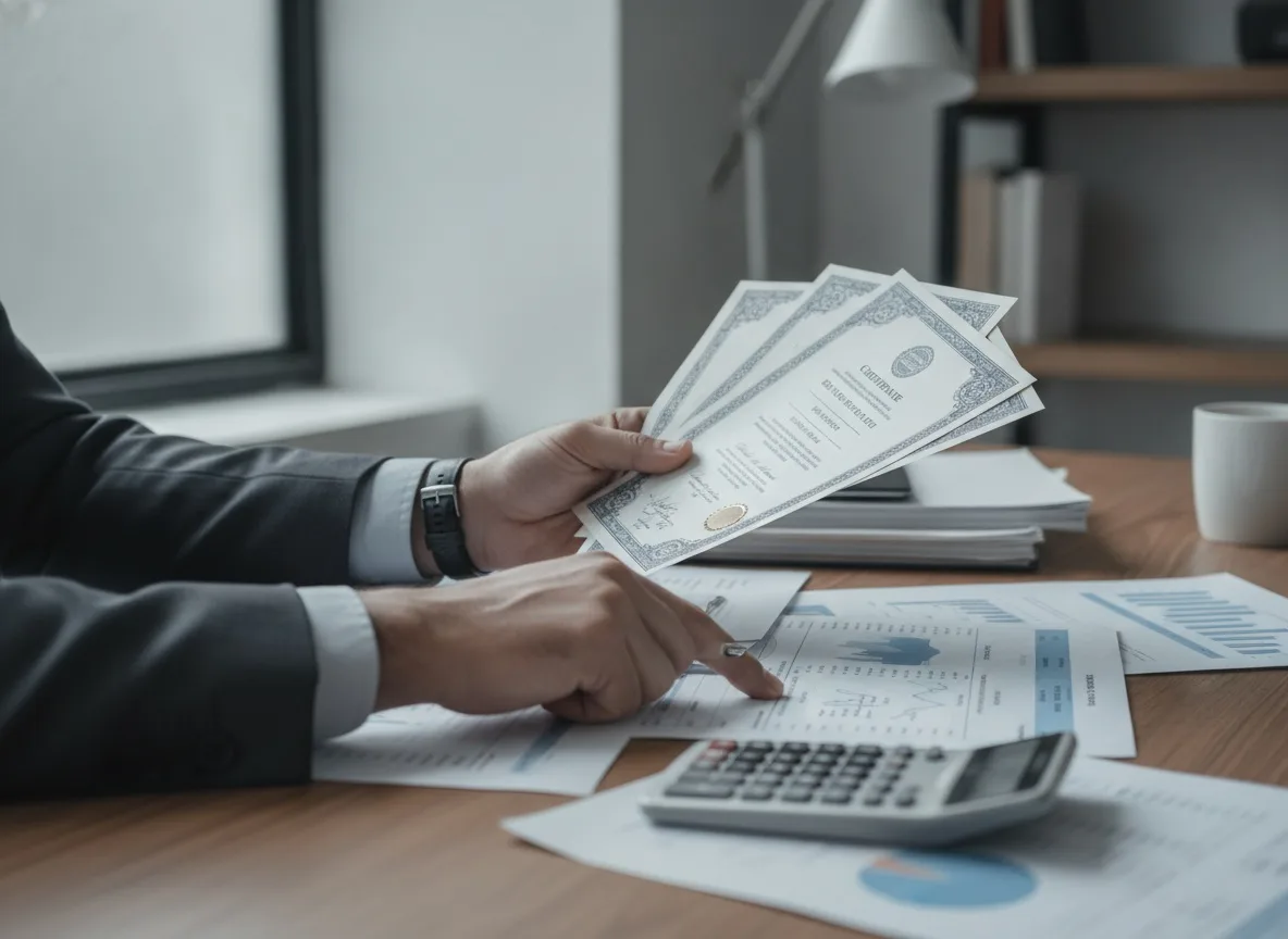 Businessperson's hands reviewing stock certificates and financial documents at desk with calculator