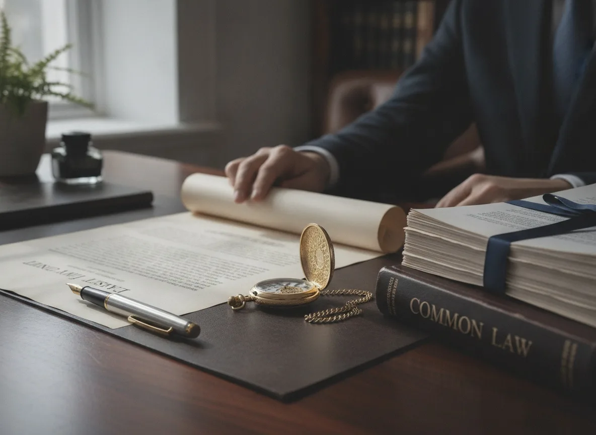 Organized desk with will document, fountain pen, pocket watch, and legal papers in natural window light