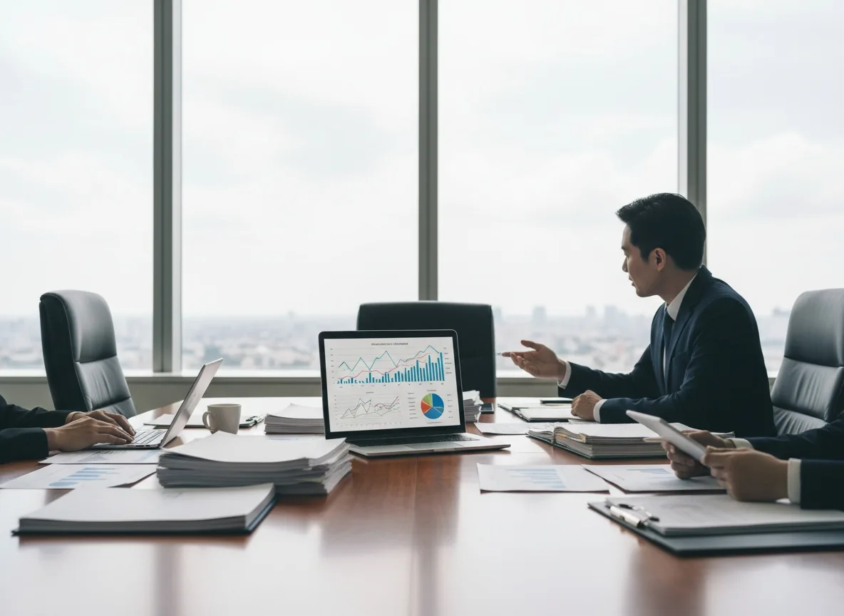 Boardroom table with financial documents, laptop displaying charts, and natural daylight from office windows