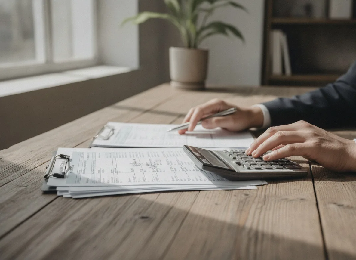 Loan officer reviewing financial documents and calculator on wooden desk with natural light