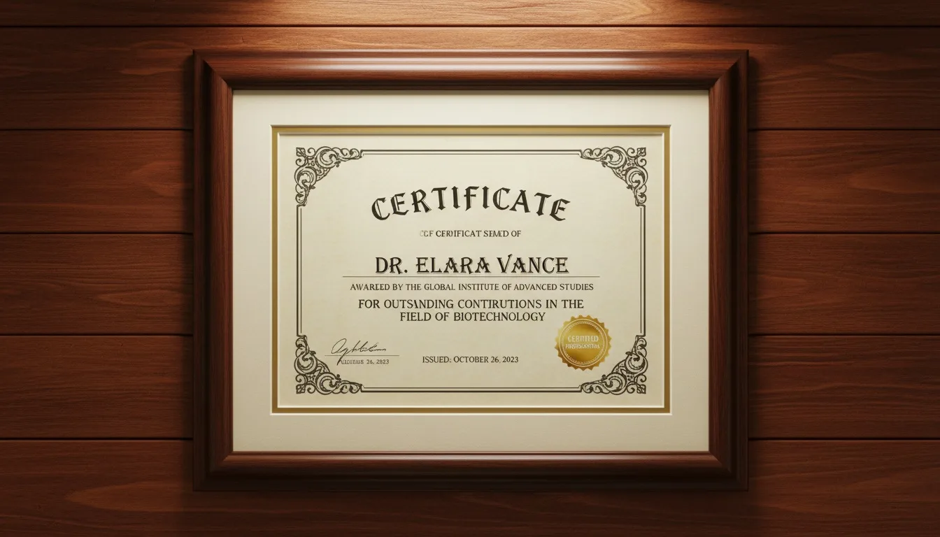 Framed professional certificate on wood-paneled office wall