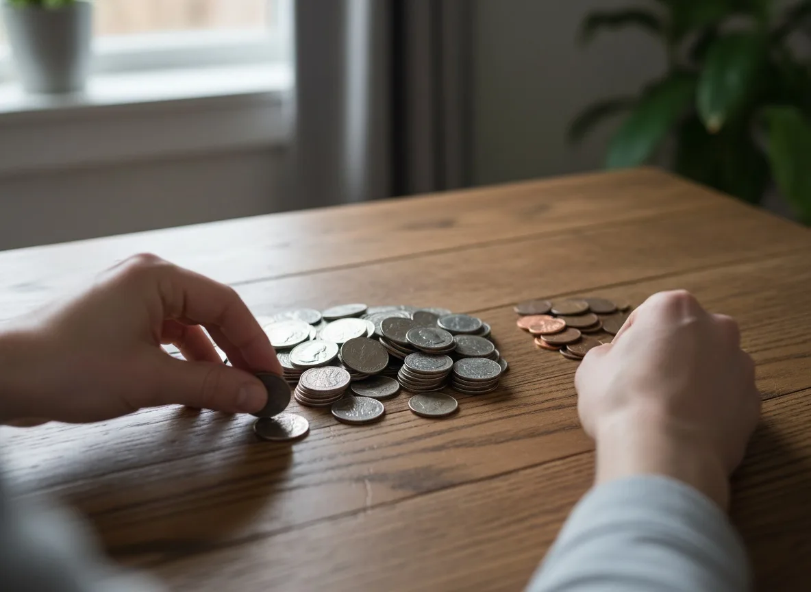 Hands dividing coins into unequal piles on wooden table