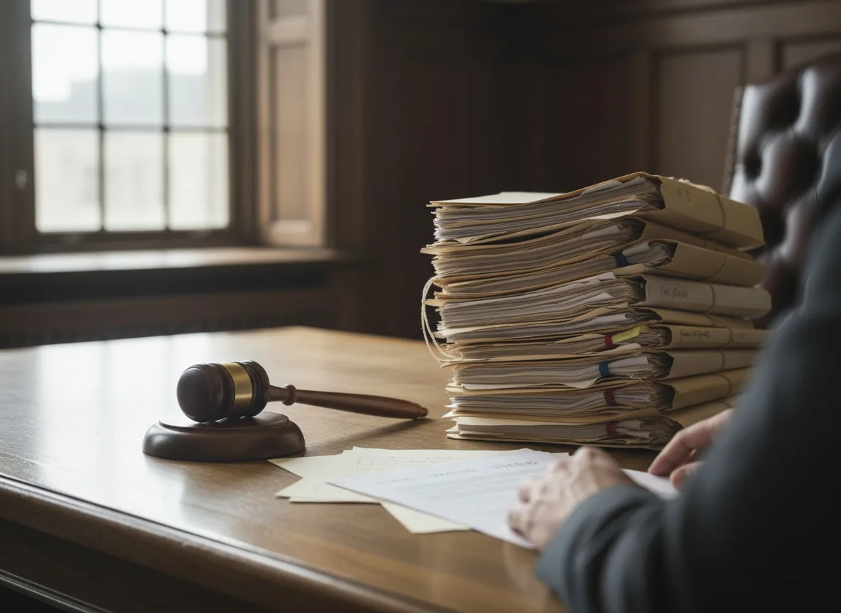 Wooden gavel on courtroom desk with stacked legal documents and natural window light