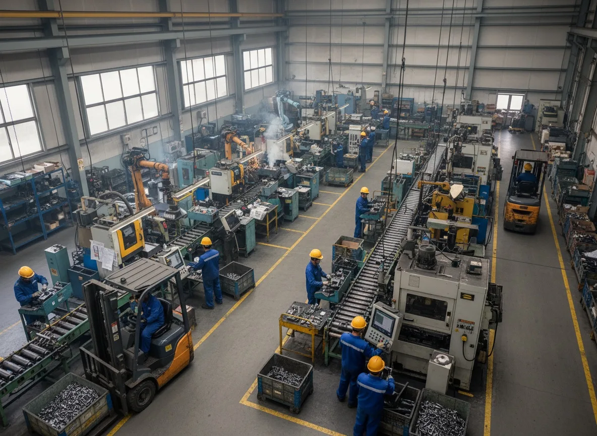 Manufacturing floor with production line, workers, and machinery photographed from above