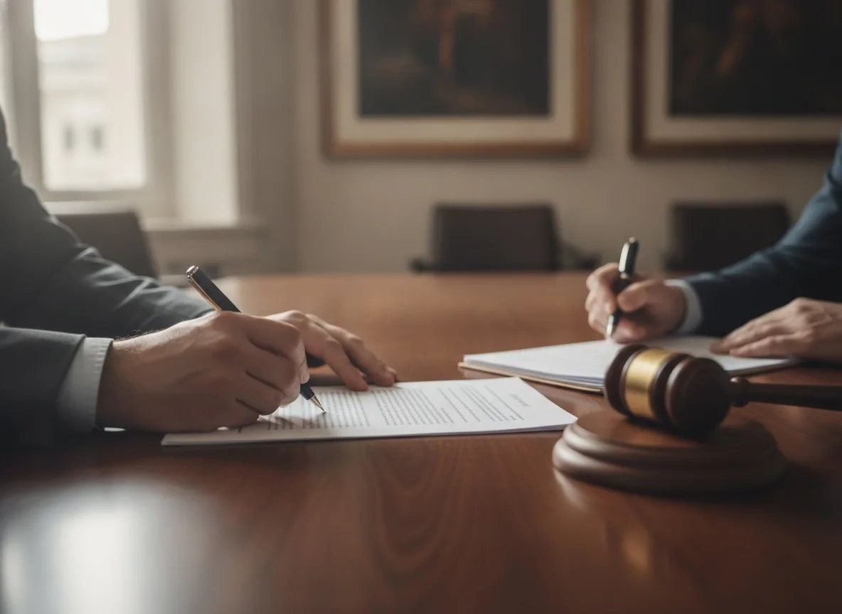 Hands signing legal documents at conference table with gavel and natural window light