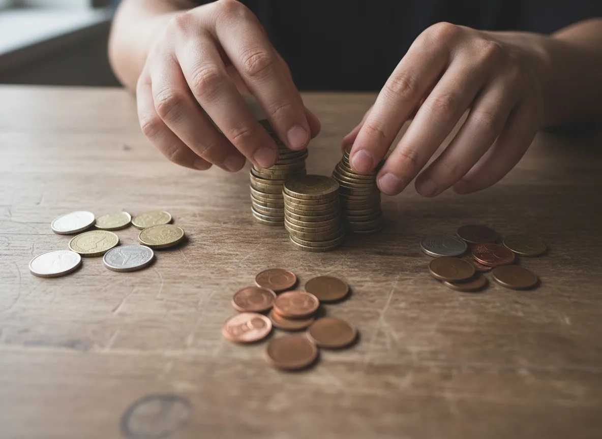 Hands dividing stacked coins into unequal piles on wooden table