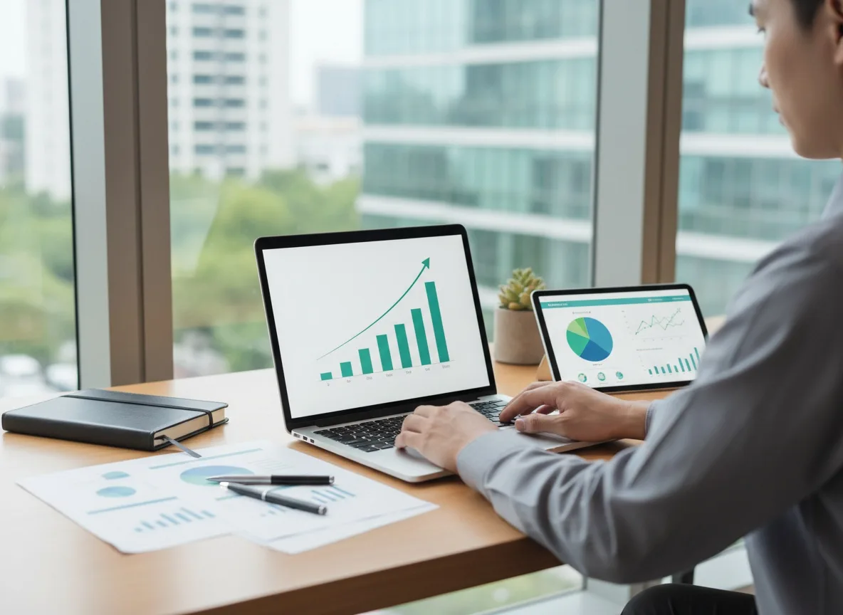 Modern office desk with financial charts, laptop showing growth graphs, and natural window light