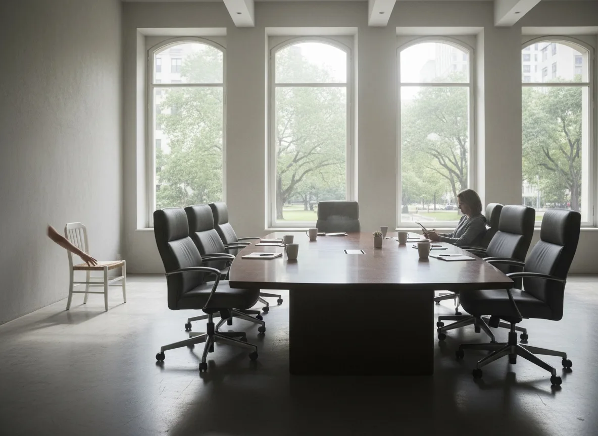 Small chair separated from larger chairs around boardroom table by tall windows