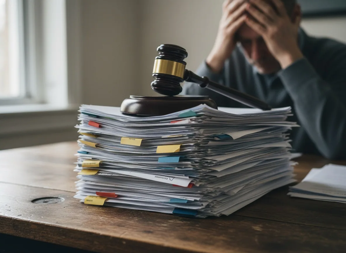 Unpaid bills stacked with a gavel on wooden desk