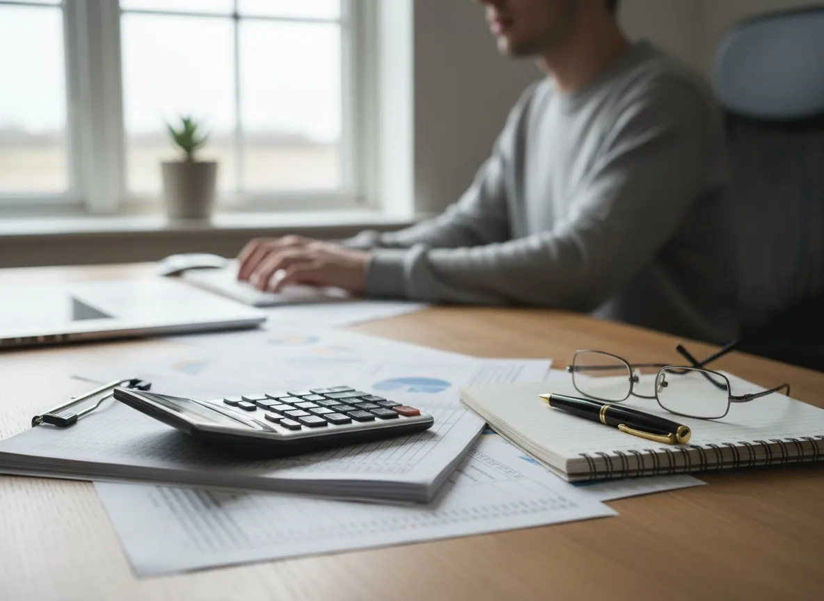 Organized desk with financial documents, calculator, and pen under natural window light